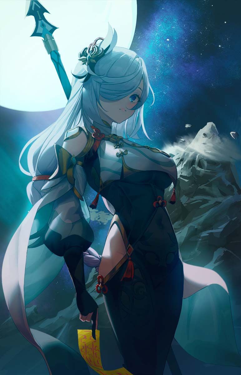 1girl, bare_shoulders, black_bodysuit, black_gloves, blue_eyes, bodysuit, breasts, fingerless_gloves