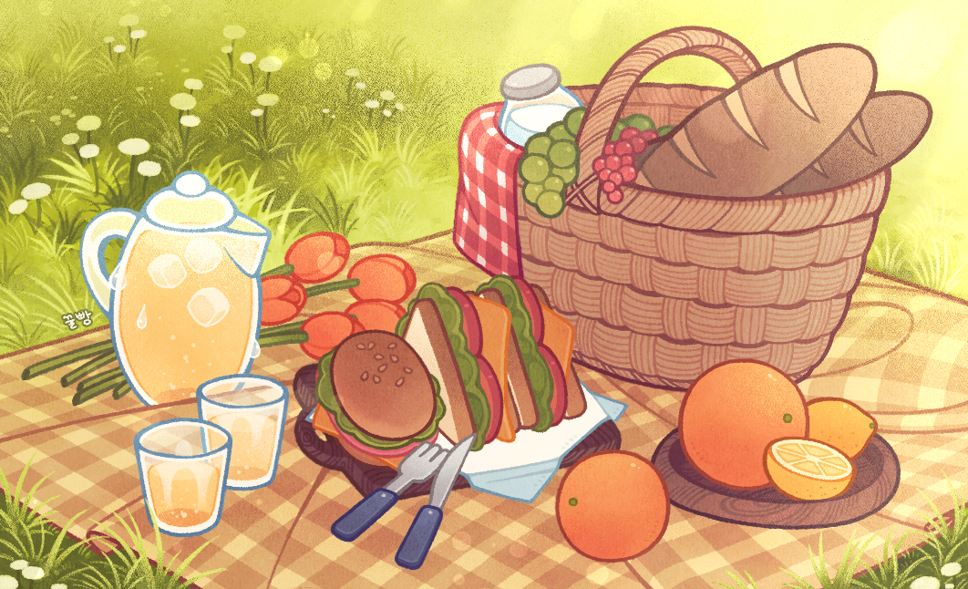 bottle, cheese, cup, flower, food, food_focus, fork, fruit, grapes, grass, ice, ice_cube, im_honeybread, knife, lettuce, loaf_of_bread, milk_bottle, no_humans, orange_(fruit), original, outdoors, picnic, picnic_basket, plant, red_flower, red_tulip, sandwich, tomato, tulip, white_flower