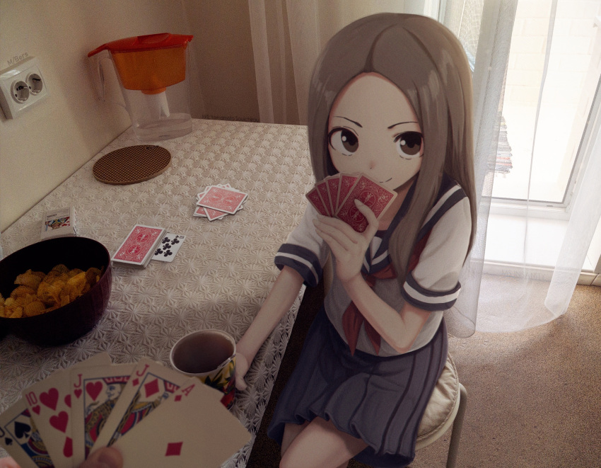 1girl, ace_of_diamonds, anime_in_real_life, bangs, bowl, brown_eyes, brown_hair, card