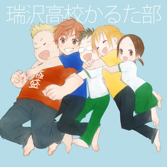 2girls, 3boys, :d, ayase_chihaya, barefoot, black_pants, blonde_hair, blue_background