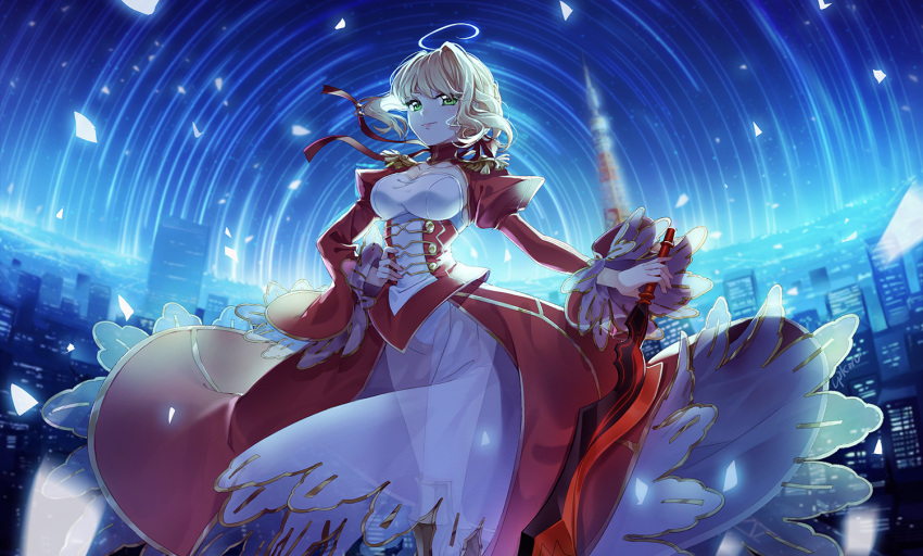 1girl, aestus_estus, ahoge, blonde_hair, braid, breasts, cleavage, commentary_request
