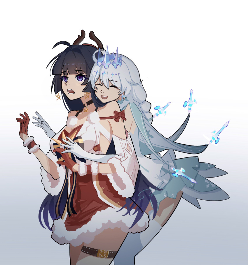 2girls, :d, :o, antlers, bangs, braid, christmas, closed_mouth