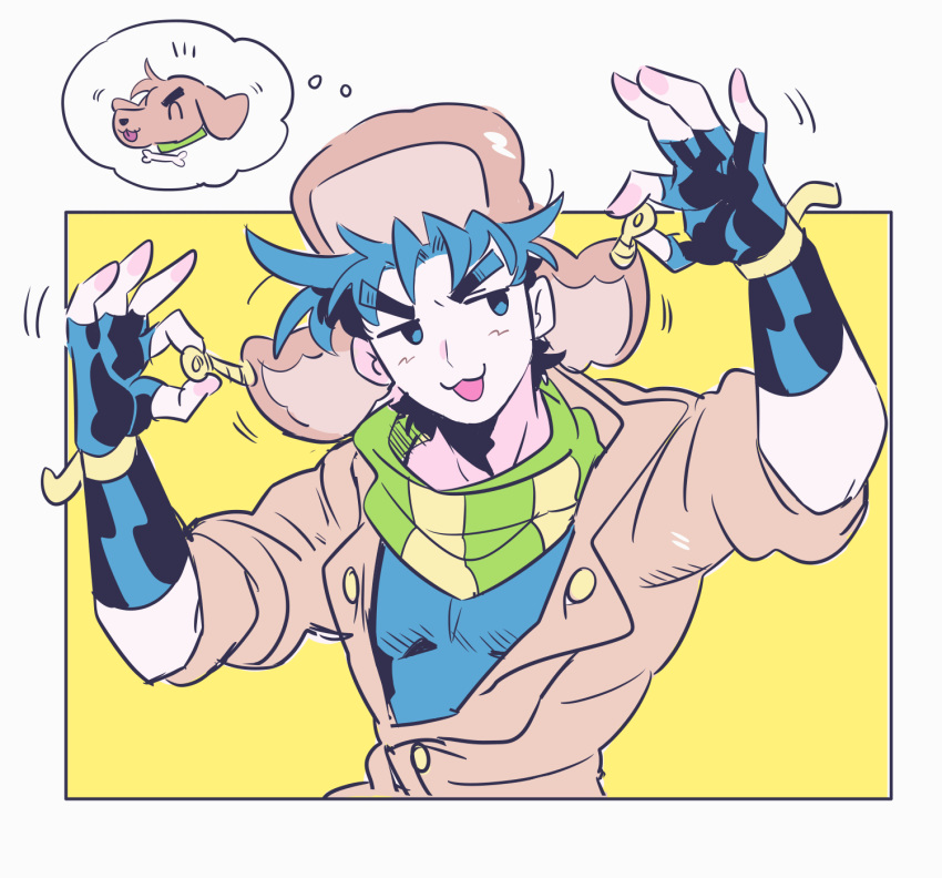 1boy, :3, animalization, battle_tendency, blue_eyes, blue_hair, brown_jacket, dog