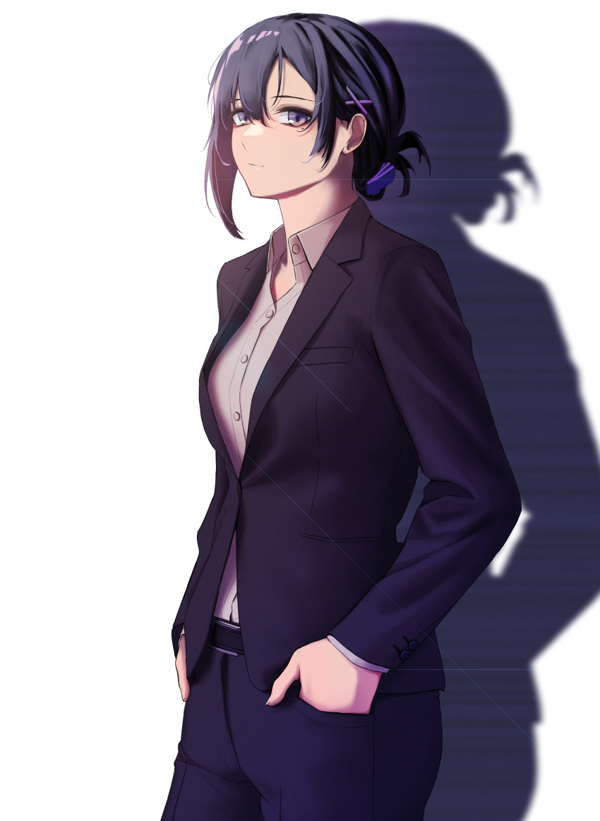 1girl, 3_small_spiders, absurdres, bangs, belt, black_hair, black_jacket, black_pants
