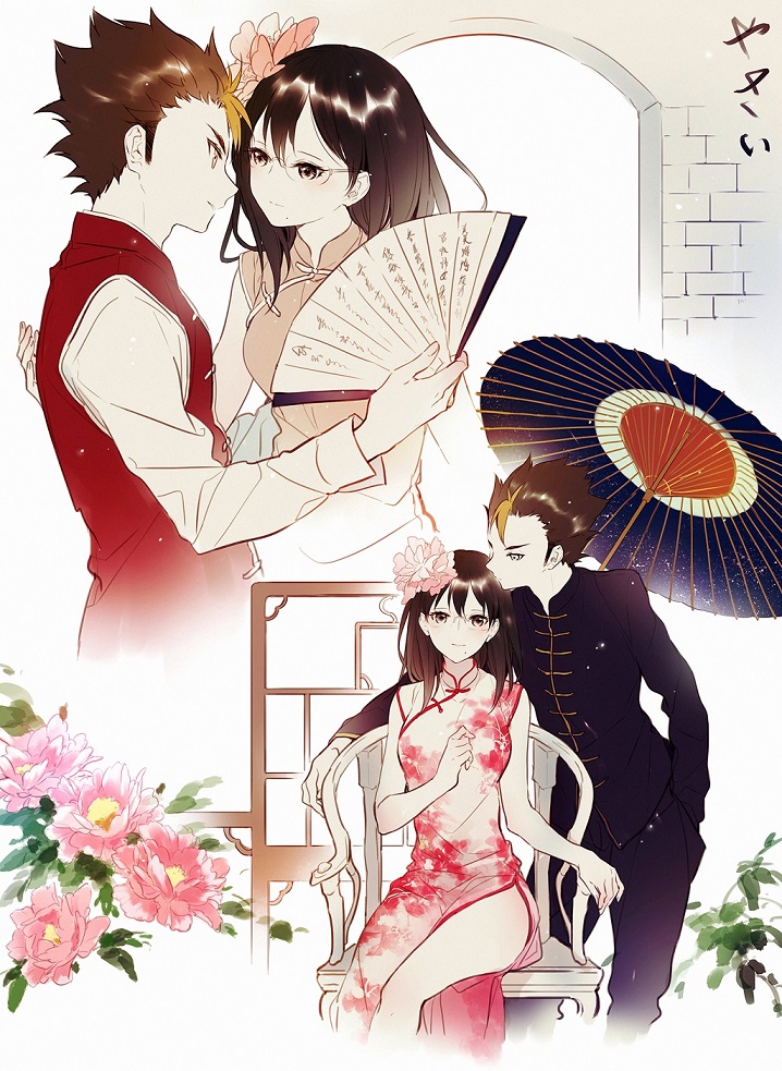 1boy, 1girl, blonde_hair, blush, breasts, chair, china_dress, chinese_clothes