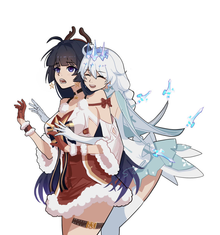 2girls, :d, :o, antlers, bangs, braid, christmas, closed_mouth