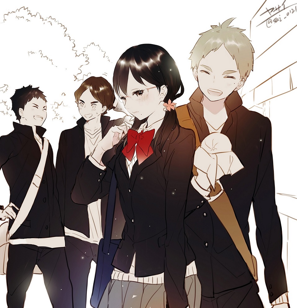 1girl, 3boys, azumane_asahi, bag, black_hair, blush, bow, bowtie, brown_hair, closed_eyes, flower, food, glasses, grey_hair, haikyuu!!, hair_flower, hair_ornament, hand_on_hip, holding, holding_food, jacket, long_sleeves, low_twintails, mole, mole_under_eye, mole_under_mouth, multiple_boys, pants, red_bow, red_bowtie, sawamura_daichi, school_bag, school_uniform, shimizu_kiyoko, skirt, smile, sugawara_koushi, twintails, yasai_(getsu), younger
