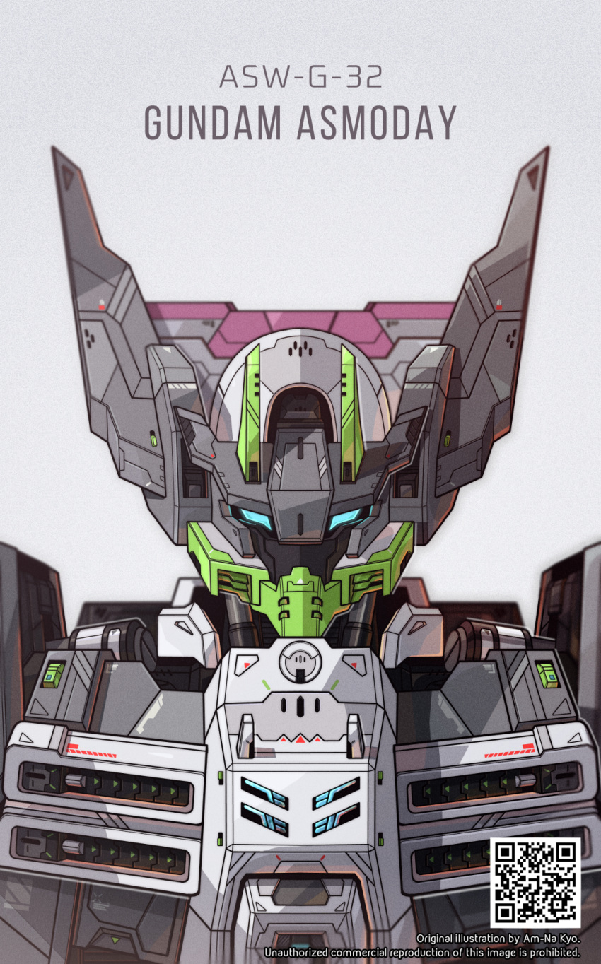 artist_name, azzalea, blue_eyes, character_name, english_commentary, english_text, gundam, gundam_asmodeus