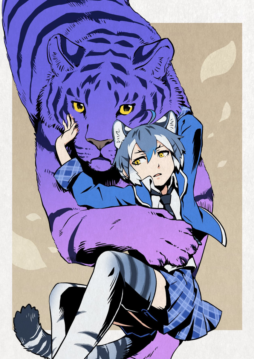 1girl, animal_ears, animal_print, blue_hair, blue_jacket, blue_necktie, blue_skirt, collared_shirt