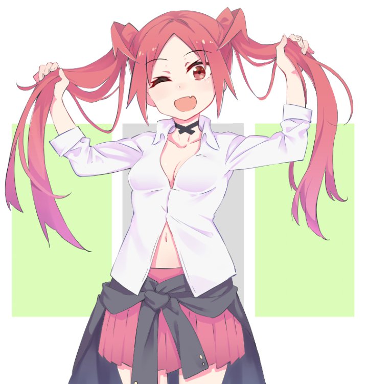 1girl, aki_poi, black_choker, breasts, choker, clothes_around_waist, commentary_request, fang