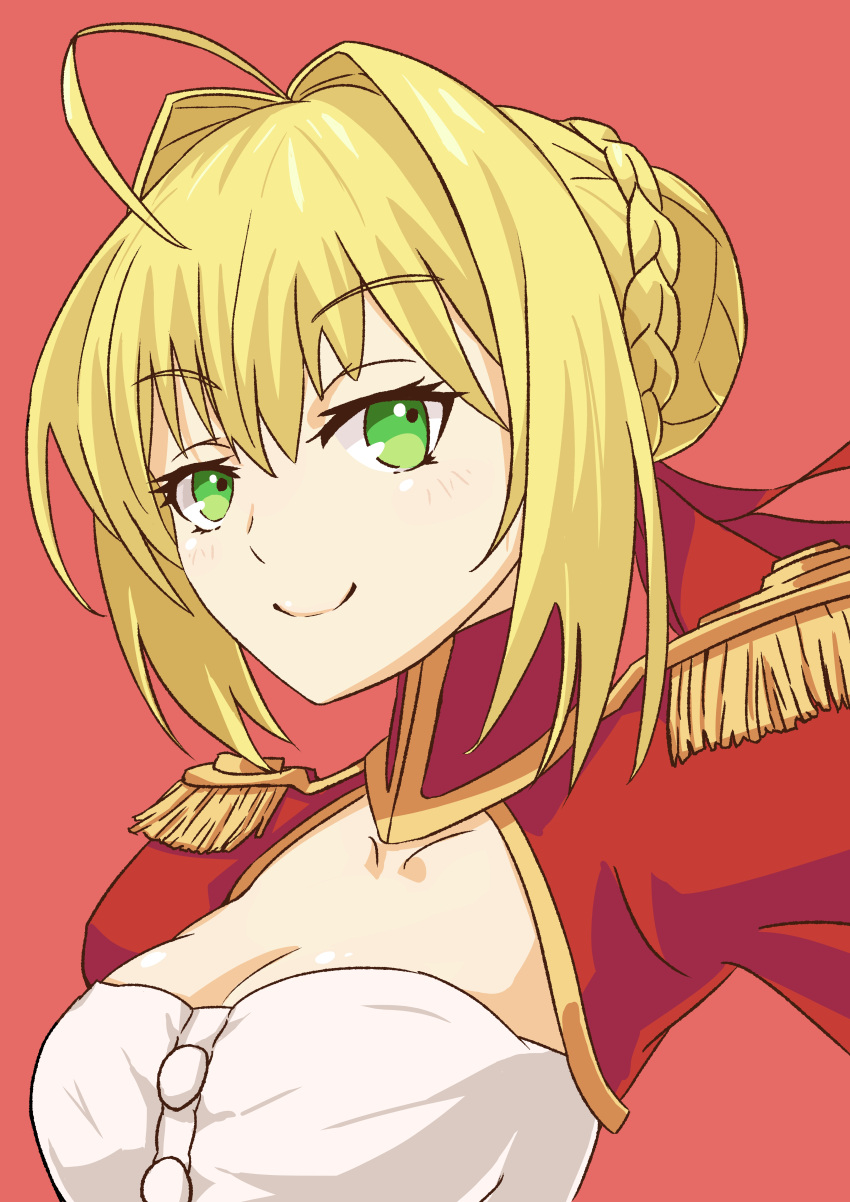1girl, aestus_estus, ahoge, blonde_hair, braid, breasts, cleavage, commentary_request, dress, epaulettes, fate/extra, fate/grand_order, fate_(series), french_braid, green_eyes, hair_intakes, hair_ribbon, juliet_sleeves, large_breasts, long_sleeves, nero_claudius_(fate), nero_claudius_(fate)_(all), puffy_sleeves, red_dress, red_ribbon, ribbon, saber_extra, see-through, solo, upsilon3219, wide_sleeves