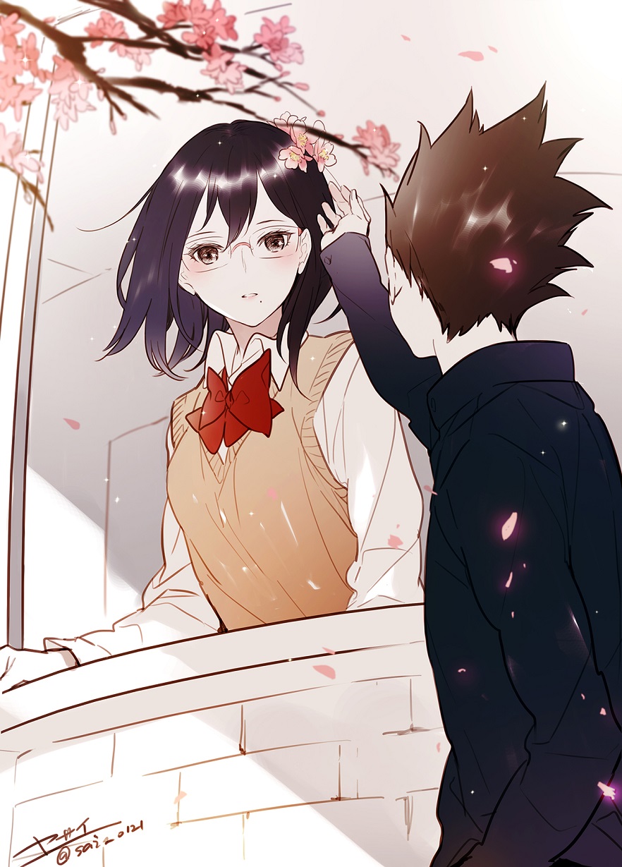 1boy, 1girl, black_hair, blush, bow, bowtie, brown_vest, flower