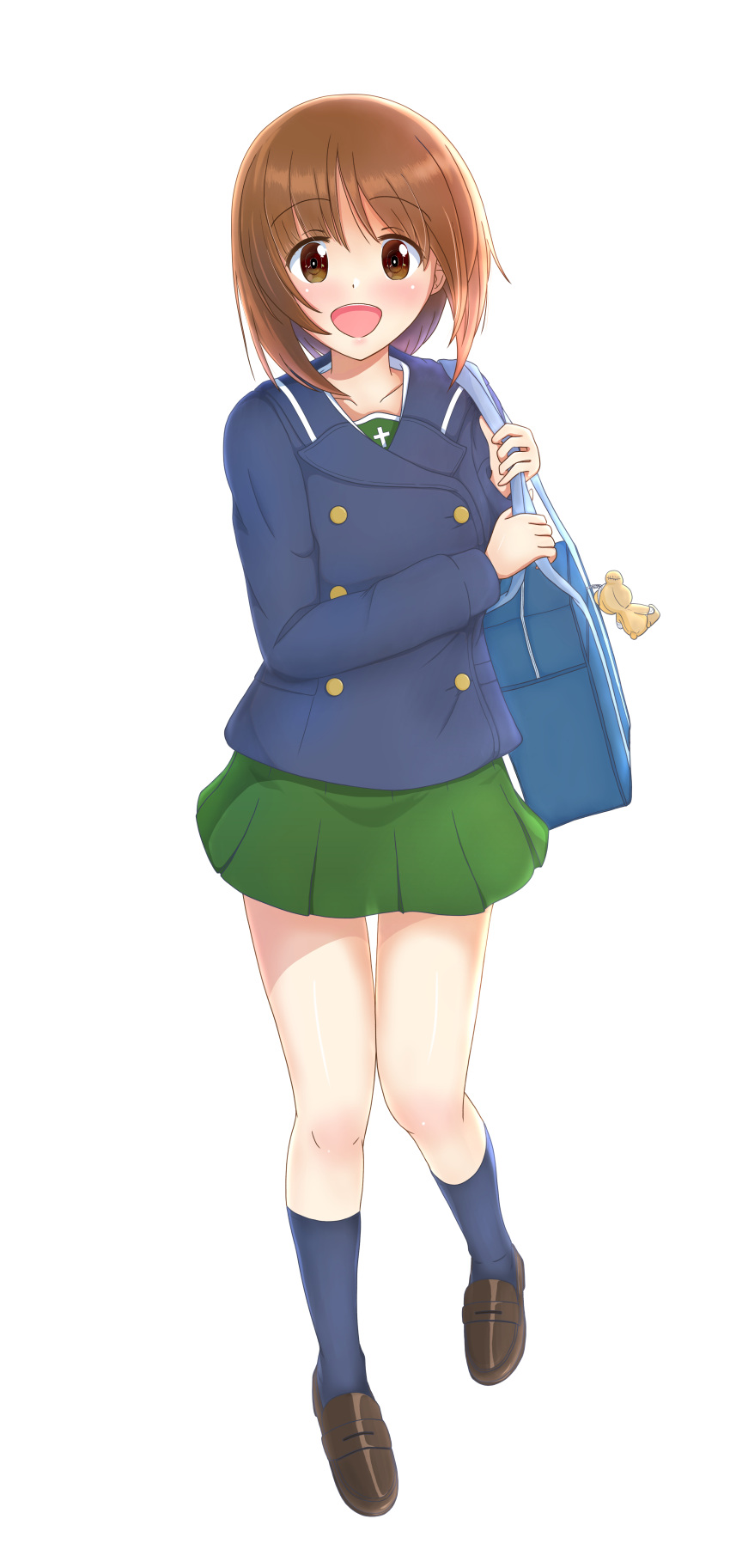 1girl, absurdres, bag, bangs, blue_coat, blue_legwear, blush, boko_(girls_und_panzer)