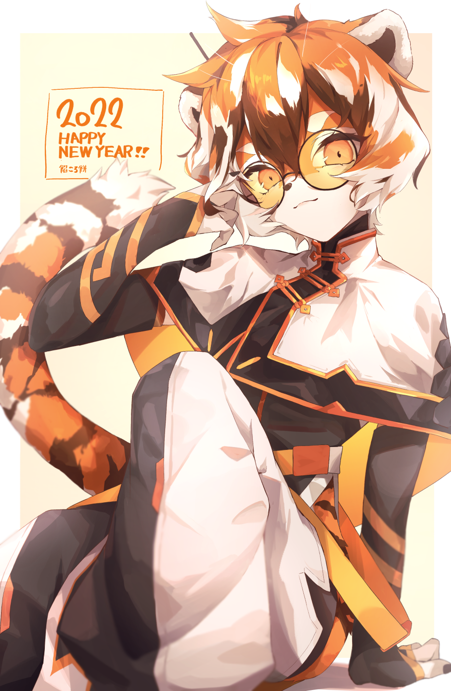 1girl, 2022, animal_ears, ankoro_mochi, arknights, black_nails, black_pants, black_shirt, black_sleeves, border, furry, happy_new_year, highres, long_sleeves, looking_at_viewer, new_year, orange_eyes, orange_hair, pants, shirt, short_hair, smile, solo, sunglasses, tail, tiger_ears, tiger_girl, tiger_tail, waai_fu_(arknights), white_border, yellow_background