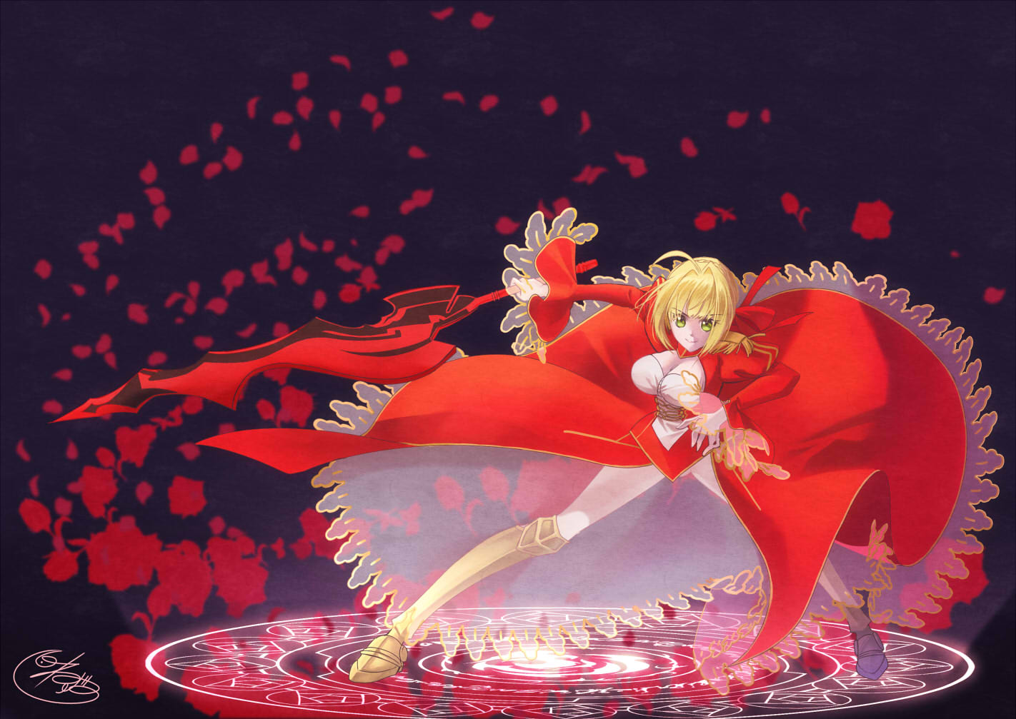 1girl, aestus_estus, ahoge, blonde_hair, braid, breasts, cleavage, commentary_request