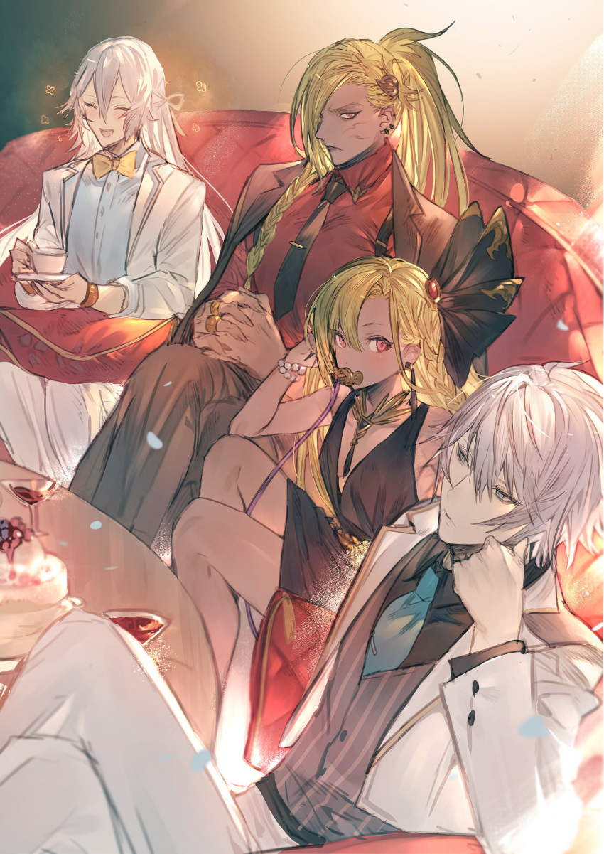 1girl, 3boys, absurdres, bangs, bead_bracelet, beads, beelzebub_(granblue_fantasy), black_dress