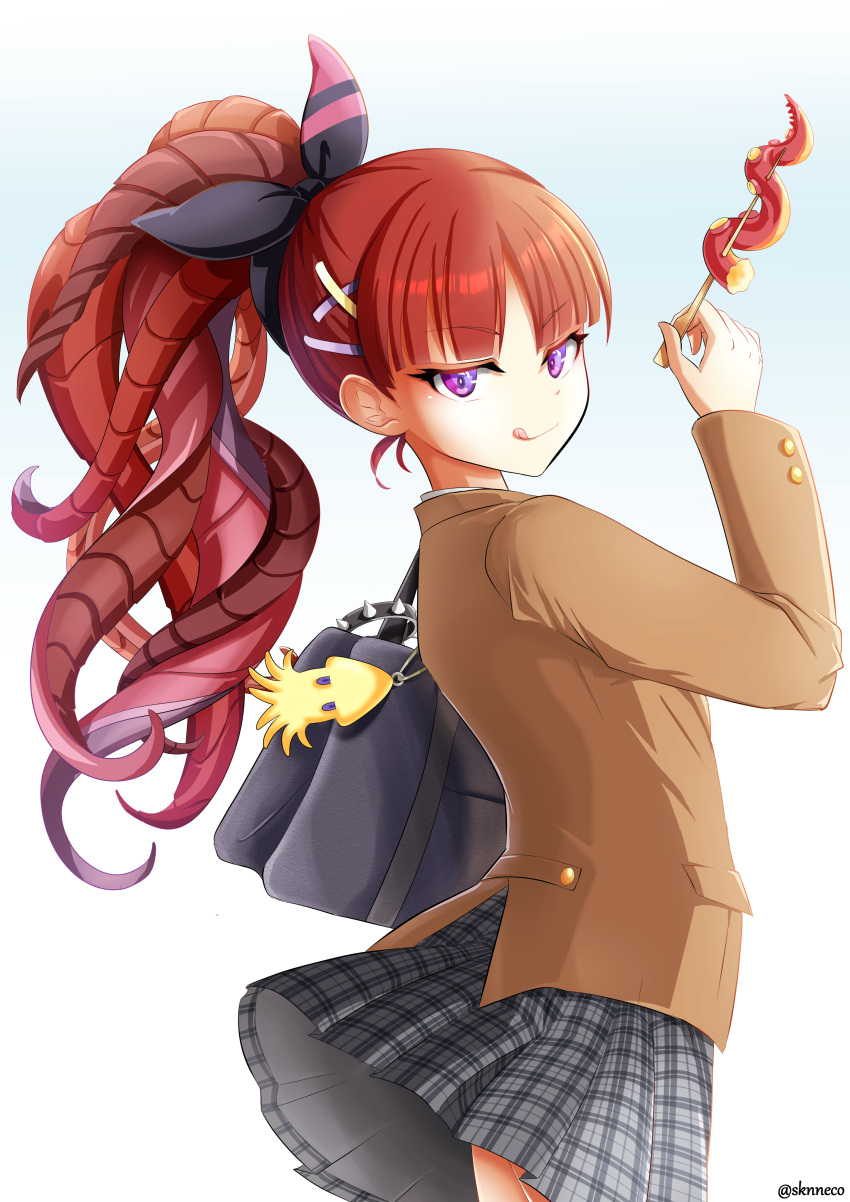 1girl, absurdres, azathoth_(monster_strike), highres, monneko, monster_strike, ponytail, redhead, school_uniform, simple_background, skirt, solo, tentacle_hair, violet_eyes