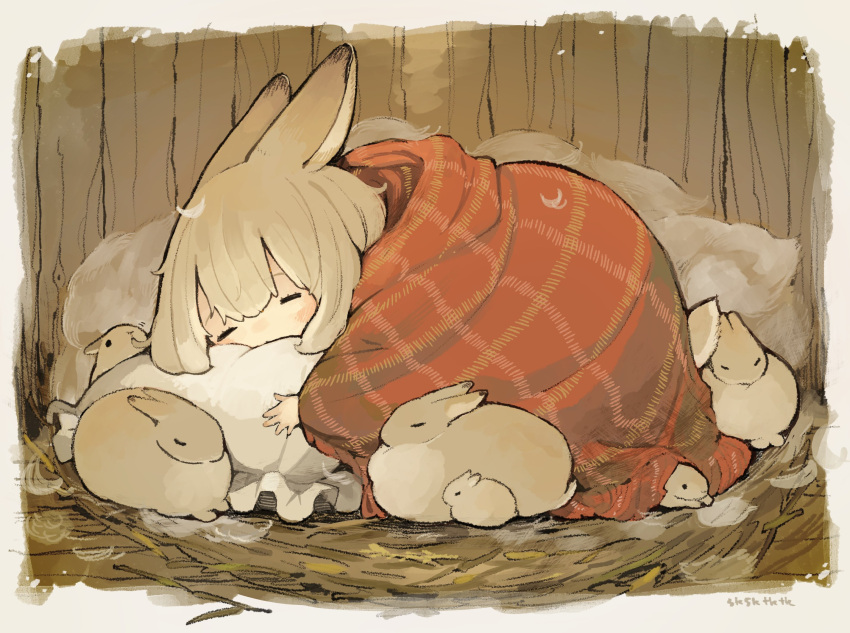1girl, =_=, animal, animal_ears, bangs, blanket, blush, brown_hair