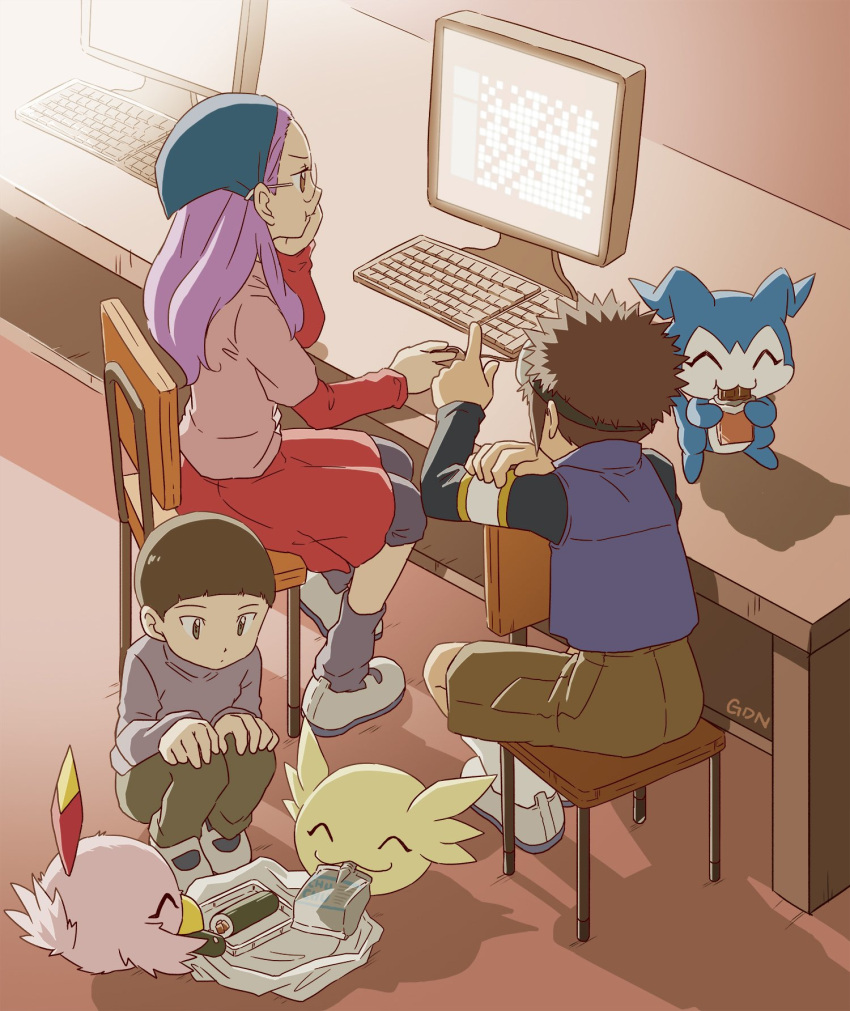 1girl, 2boys, chair, chibimon, child, digimon, digimon_(creature), digimon_adventure_02