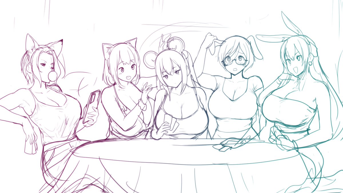 5girls, abigail_fahrenheit, animal_ears, bangs, bare_shoulders, breasts, camisole, card