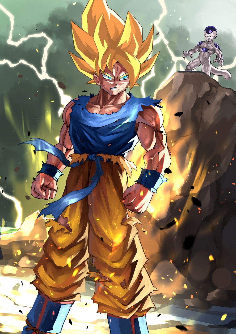 2boys, angry, aura, blonde_hair, boots, clouds, day, dougi