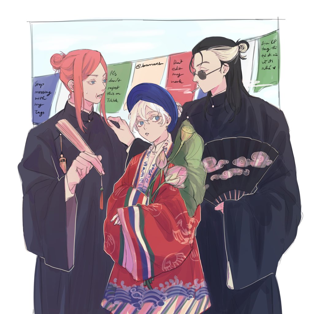 1girl, 2boys, akashi_senju, akashi_takeomi, bangs, black_hair, blue_eyes, blue_headwear