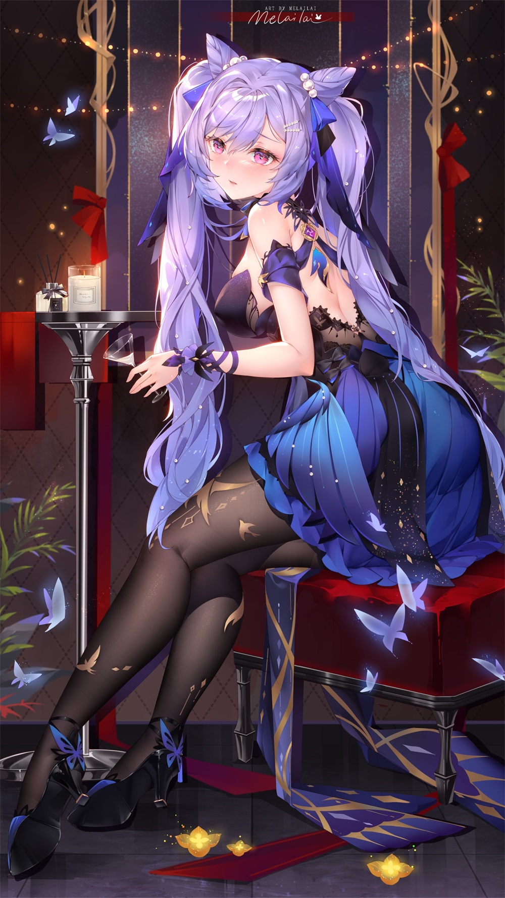 1girl, bangs, bare_shoulders, black_dress, blue_skirt, blush, breasts, brown_legwear