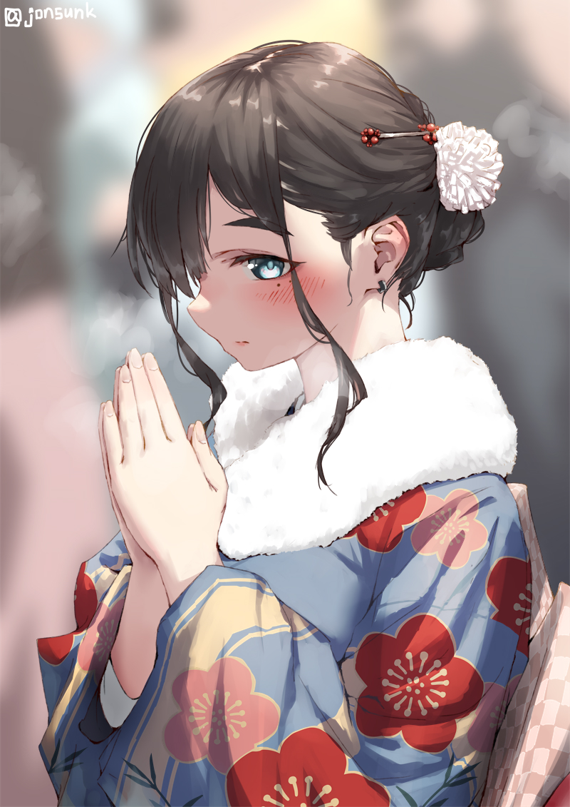 1girl, blue_eyes, blue_kimono, blurry, blurry_background, brown_hair, closed_mouth, commentary_request