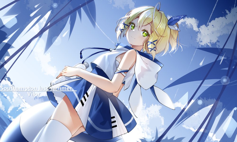 1girl, alternate_costume, artist_name, azur_lane, bare_shoulders, blonde_hair, blue_dress, blue_ribbon