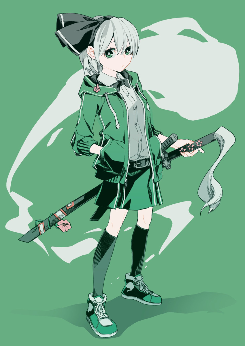 1girl, :/, alternate_costume, bangs, black_bow, black_bowtie, black_hairband, black_legwear, black_neckwear, bob_cut, bow, bowtie, buttons, casual, closed_mouth, collared_shirt, commentary_request, fingernails, flower, full_body, ghost, green_background, green_eyes, green_footwear, green_jacket, grey_shirt, hairband, hand_in_pocket, hand_on_hilt, highres, hitodama, hood, hoodie, jacket, kamabokopic, katana, kneehighs, knees, konpaku_youmu, konpaku_youmu_(ghost), long_sleeves, looking_at_viewer, ofuda, open_clothes, open_jacket, pink_flower, puffy_sleeves, scabbard, shadow, sheath, shirt, shoes, short_hair, silver_hair, simple_background, sneakers, solo, standing, sword, tassel, touhou, weapon, wing_collar