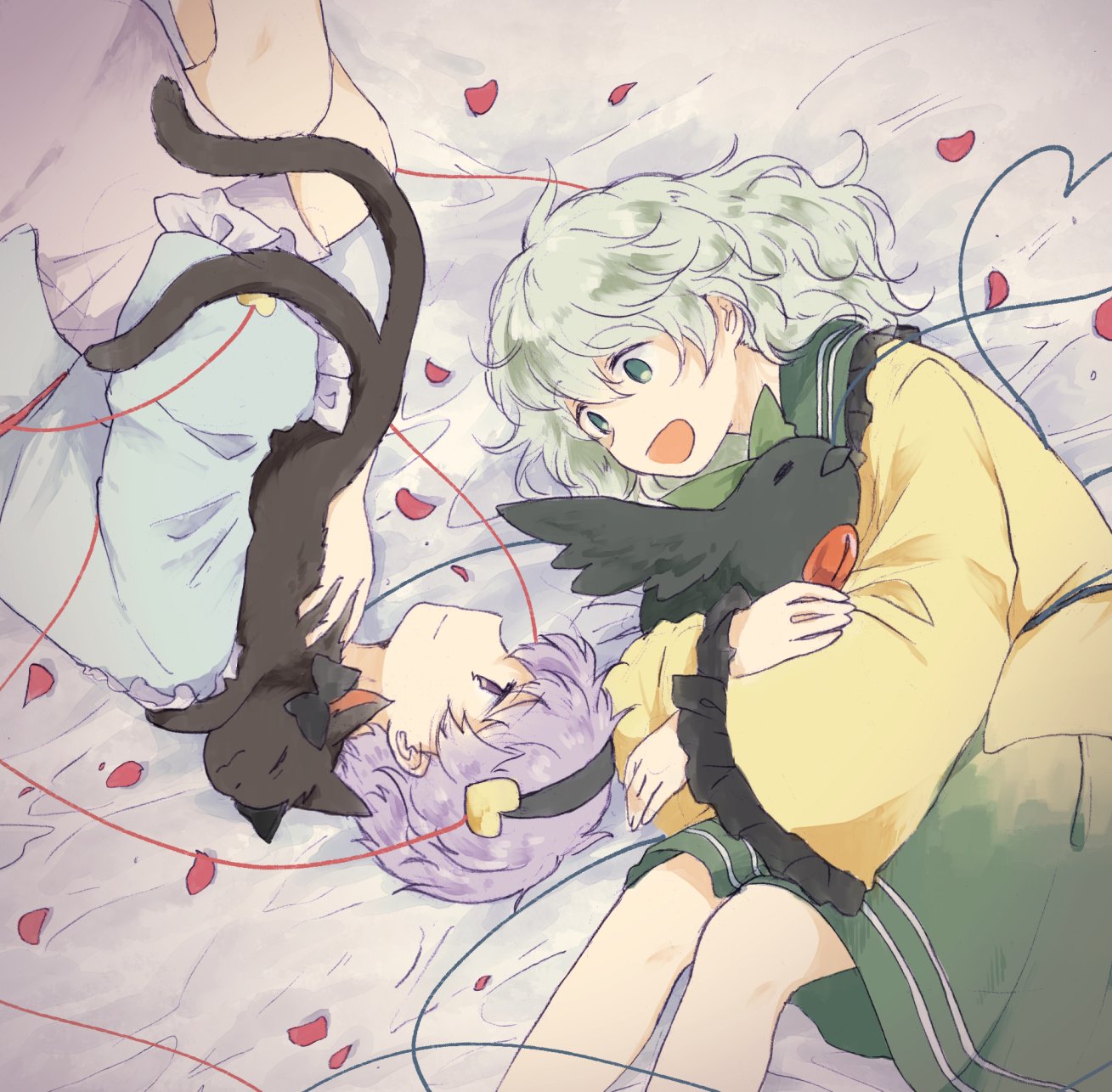 2girls, :3, :d, animal, bare_legs, bed_sheet, bird, black_bow