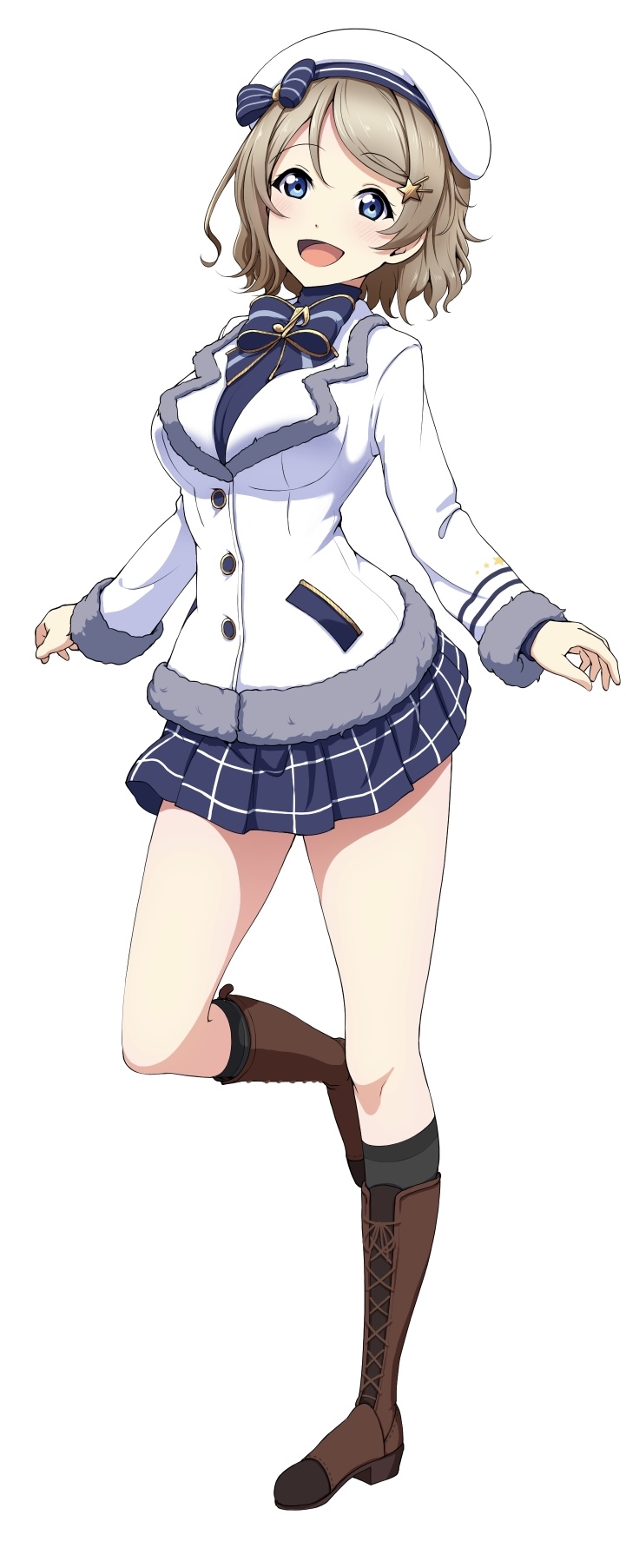 1girl, amagi_(volfuji), blue_eyes, boots, breasts, brown-framed_eyewear, brown_hair, coat, cross-laced_footwear, fur-trimmed_coat, fur_trim, hat, highres, knee_boots, lace-up_boots, looking_at_viewer, love_live!, love_live!_sunshine!!, medium_breasts, short_hair, skirt, smile, solo, standing, standing_on_one_leg, watanabe_you, white_background