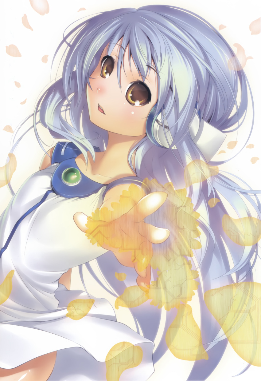 1girl, android, blue_hair, blush, brown_eyes, dress, flower_(kowarekake), headphones