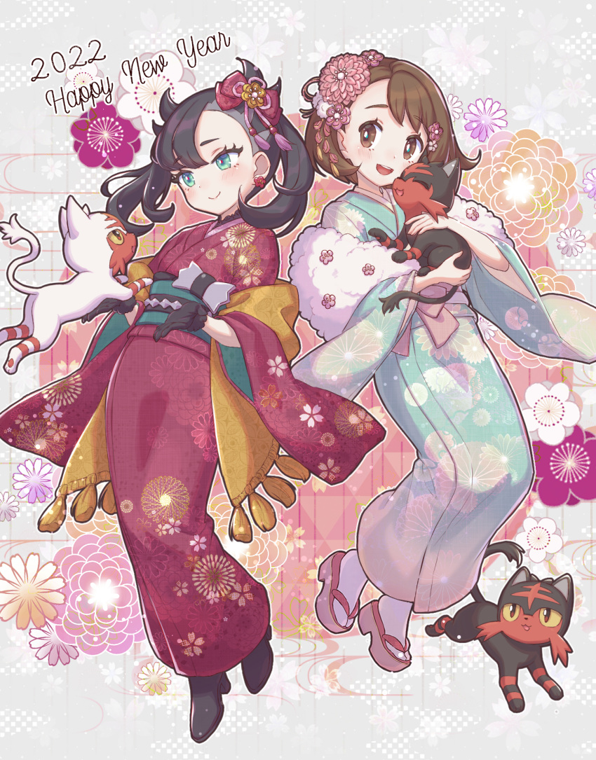 2022, 2girls, alternate_color, alternate_costume, bangs, blush, brown_footwear, closed_mouth