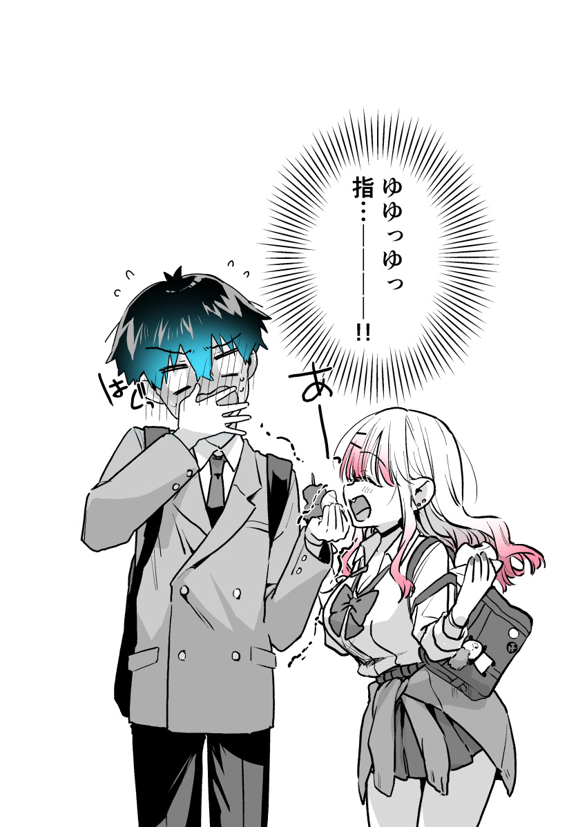 1boy, 1girl, :d, absurdres, bag, blazer, blue_hair, blush