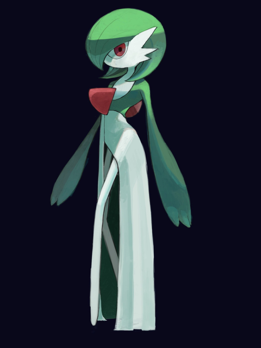 bangs, black_background, colored_skin, commentary_request, gardevoir, gogot, green_hair, highres, looking_at_viewer, medium_hair, pokemon, pokemon_(creature), red_eyes, simple_background, solo, white_skin
