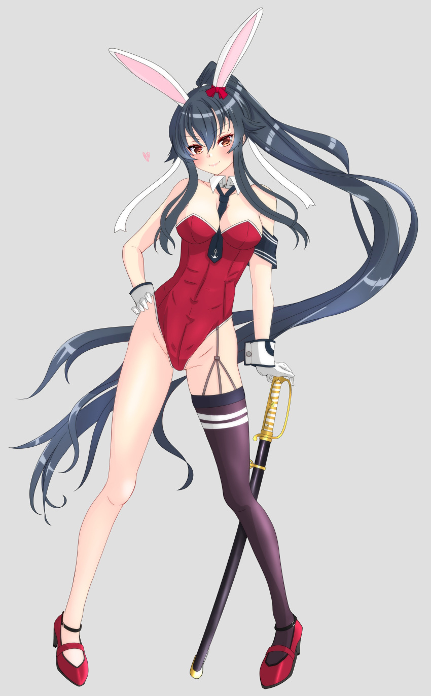 1girl, absurdres, alternate_costume, anchor_print, animal_ears, between_breasts, black_hair, black_legwear