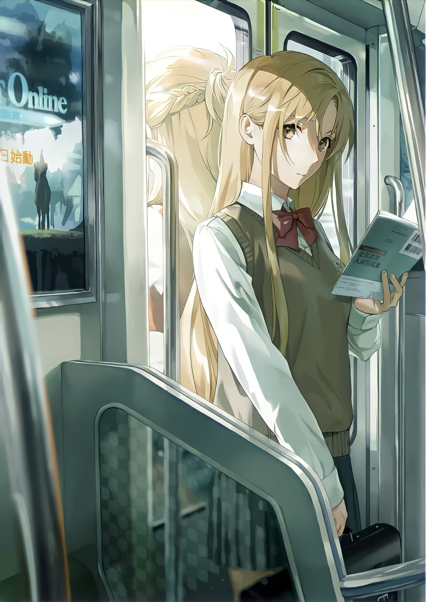 1girl, advertisement, asuna_(sao), book, brown_eyes, brown_hair, highres, long_hair