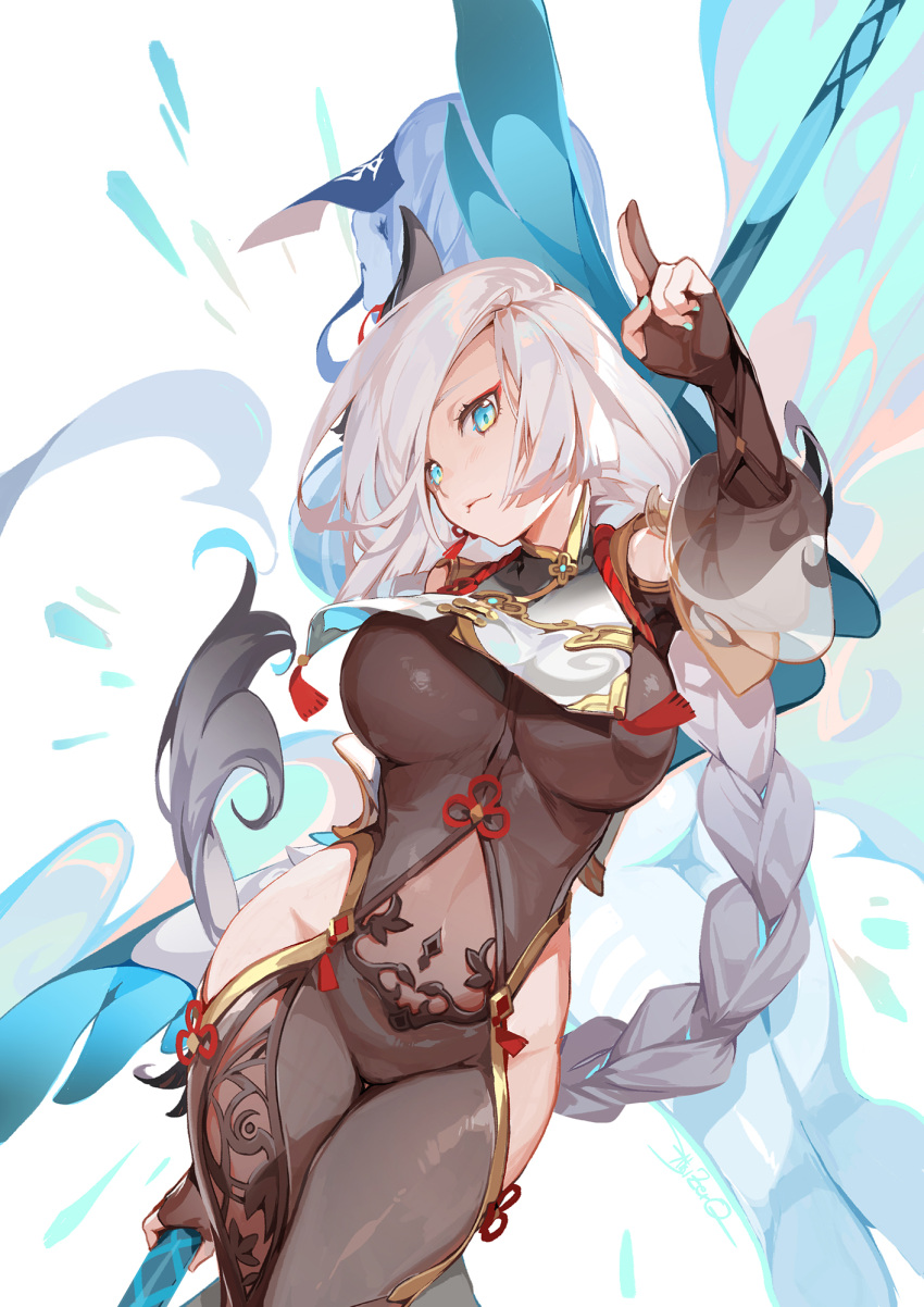 1girl, akizero1510, aqua_eyes, aqua_nails, arm_behind_back, bangs, black_bodysuit, bodysuit