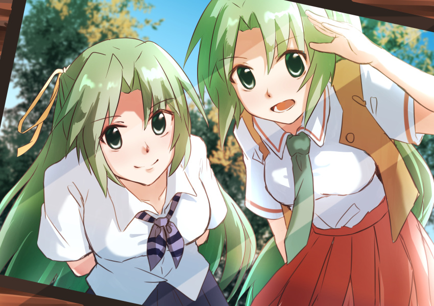 2girls, absurdres, blush, bow, bowtie, breasts, contrapposto, green_eyes