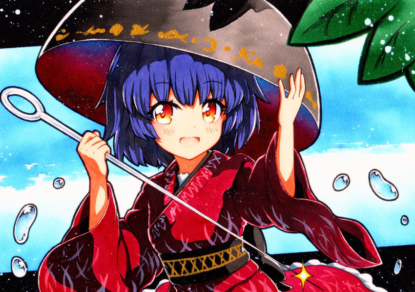 1girl, bowl, bowl_hat, hat, highres, holding, holding_needle, japanese_clothes