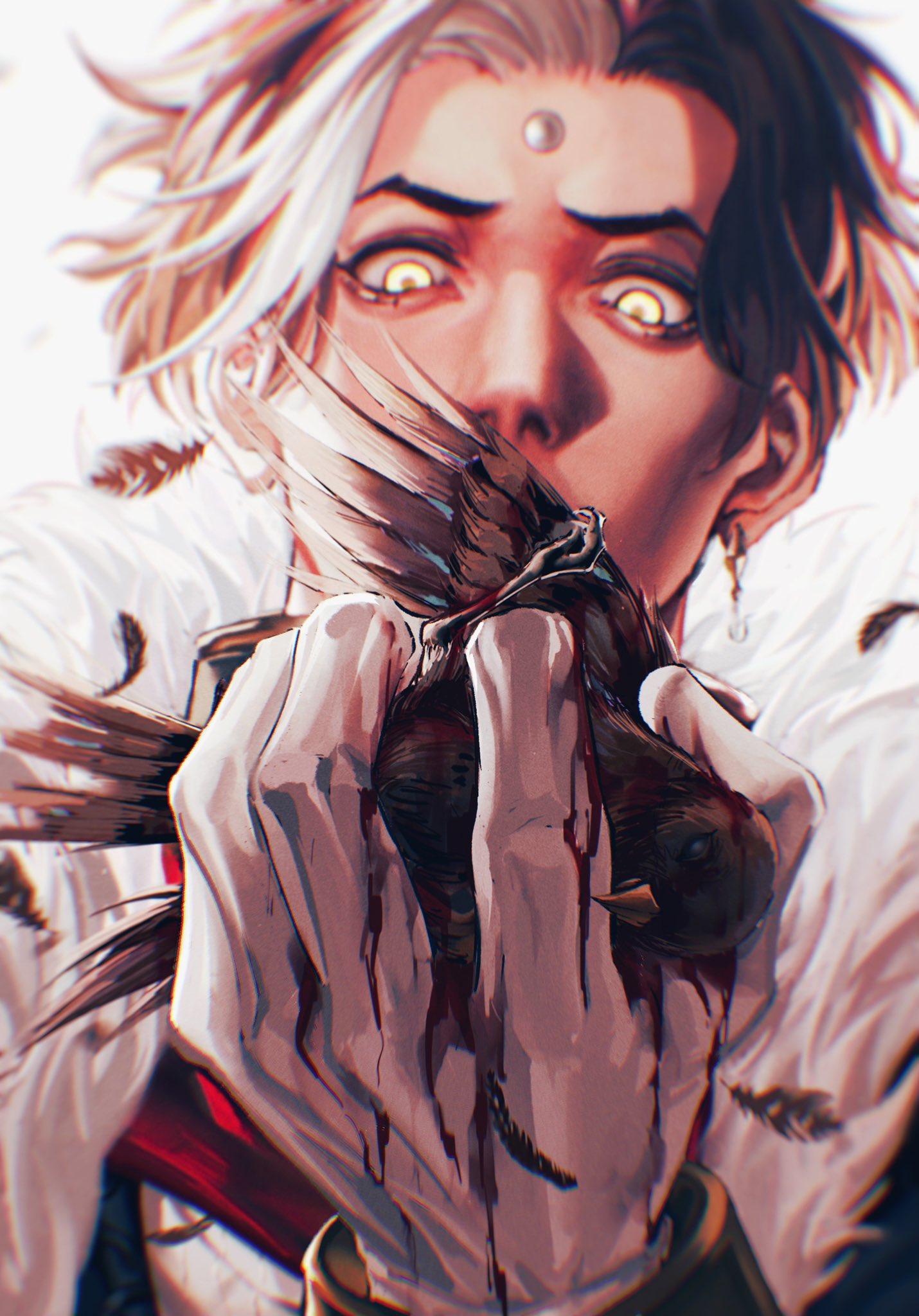 1boy, anthonykaen, bird, black_feathers, blood, blurry, brown_hair, commentary