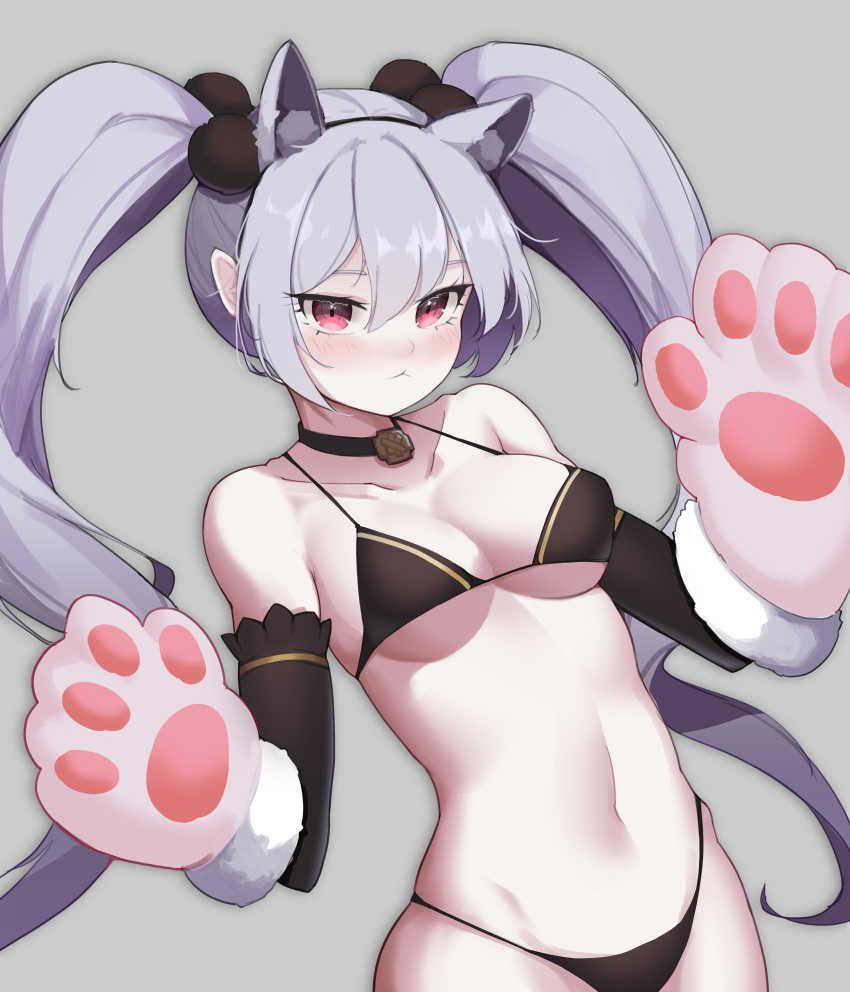 1girl, absurdres, alternate_costume, animal_ears, animal_hands, bangs, bare_shoulders, bikini, black_bikini, blush, cat_ears, cat_paws, closed_mouth, collar, elbow_gloves, expressionless, fake_animal_ears, gloves, guardian_tales, hands_up, highres, long_hair, looking_at_viewer, navel, necromancer_noxia, paw_gloves, red_eyes, sliverdog, swimsuit, twintails