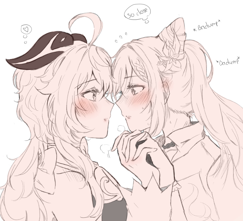 2girls, absurdres, ahoge, blush, commentary_request, double_bun, ear_blush, english_text