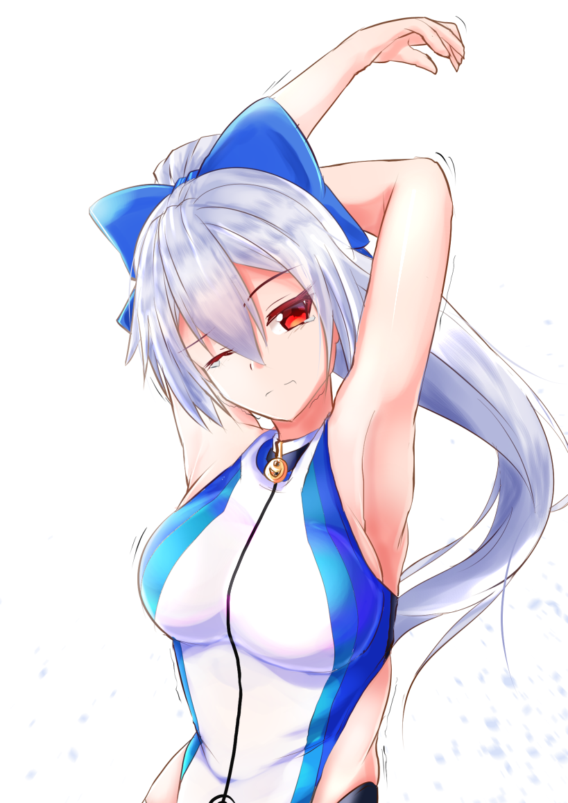 1girl, absurdres, blue_bow, blue_jacket, blue_swimsuit, bow, breasts, cropped_jacket, fate/grand_order, fate_(series), hair_bow, higezin, highleg, highleg_swimsuit, highres, jacket, long_hair, medium_breasts, multicolored, multicolored_clothes, multicolored_swimsuit, one-piece_swimsuit, ponytail, red_eyes, short_sleeves, shrug_(clothing), silver_hair, solo, standing, striped_wristband, swimsuit, tomoe_gozen_(fate/grand_order), tomoe_gozen_(swimsuit_saber)_(fate), two-tone_swimsuit, very_long_hair, wading, white_swimsuit