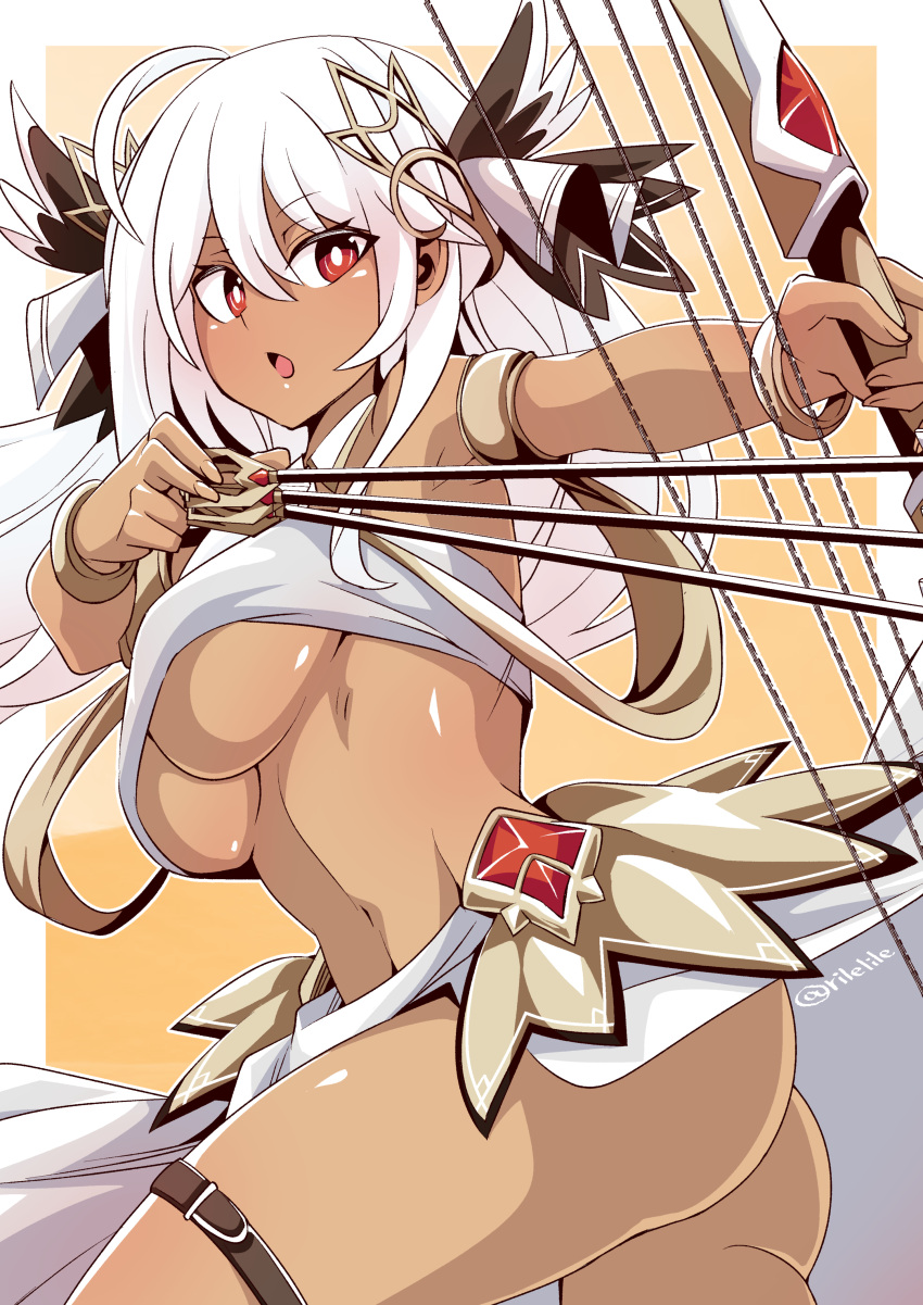 1girl, absurdres, ahoge, artist_name, ass, bangs, black_skin, bow_(weapon)