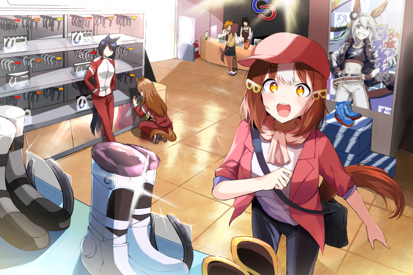 6+girls, alternate_costume, animal_ears, bag, belly, berno_light_(umamusume), casual, commentary, grim_jisoo, hair_between_eyes, hair_ornament, hat, highres, horse_ears, looking_at_viewer, multiple_girls, open_mouth, pants, poster_(object), shoes, shop, tamamo_cross_(umamusume), umamusume, umamusume:_cinderella_gray