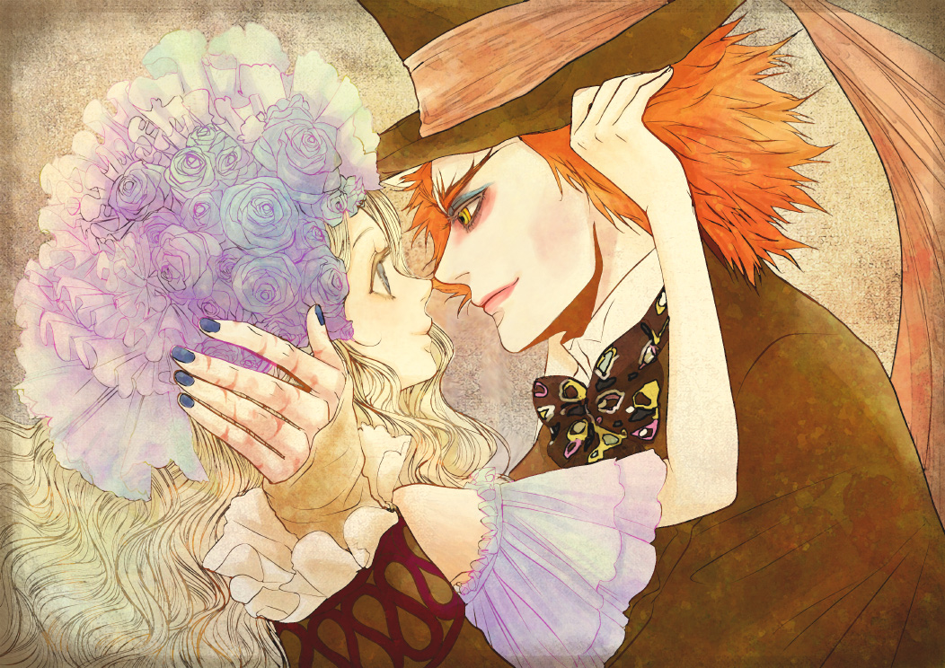 alice_(wonderland), alice_in_wonderland, alice_in_wonderland_(2010_film), alice_kingsleigh, aqua_eyes, bad_id, blonde_hair, blue_eyes, bowtie, couple, eye_contact, flower, hair_ornament, hat, hug, long_hair, mad_hatter, nail_polish, orange_hair, short_hair, tarrant_hightopp, top_hat, yellow_eyes