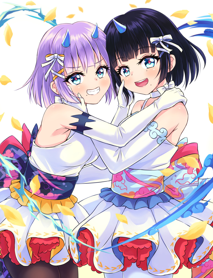 2girls, absurdres, akirappy, armpits, black_hair, breasts, elbow_gloves, fuujin_(monster_strike), gloves, highres, large_breasts, mole, mole_under_mouth, monster_strike, multiple_girls, pantyhose, raijin_(monster_strike), simple_background, smile, thighs, wedding, white_gloves, white_hair, yuri