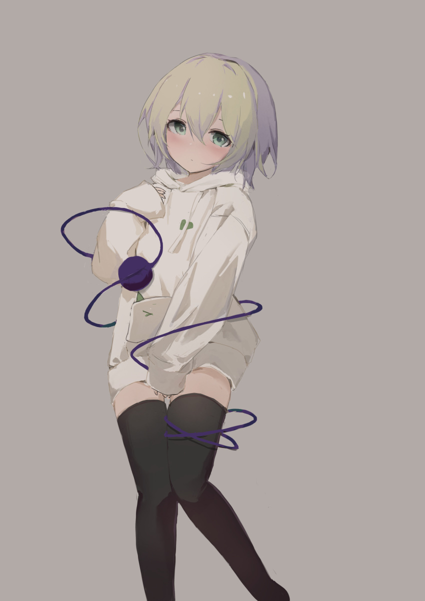 1girl, a_pomelo, absurdres, alternate_costume, black_legwear, blush, feet_out_of_frame, green_eyes, grey_background, hand_up, heart, heart-shaped_pupils, highres, hood, hoodie, komeiji_koishi, light_green_hair, long_sleeves, looking_at_viewer, no_hat, no_headwear, short_hair, simple_background, sleeves_past_wrists, solo, standing, symbol-shaped_pupils, thigh-highs, third_eye, touhou, white_hoodie